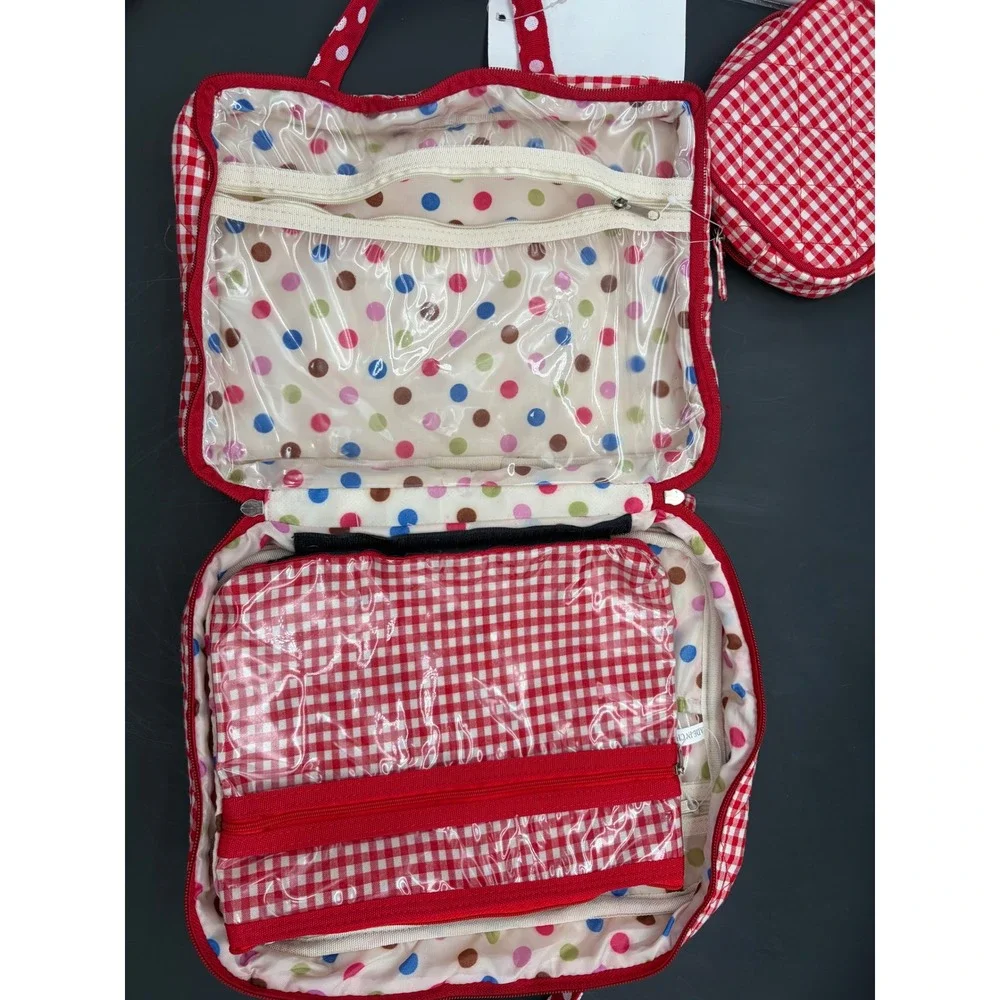 Unbranded 3 in 1 Toiletries Bag Red Gingham Polka Dot Quilted Travel Organizer